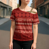 Fiji Marau na Kerisimasi Cross Shoulder Shirt Red Tapa Masi Inspired Christmas LT9 - Polynesian Pride