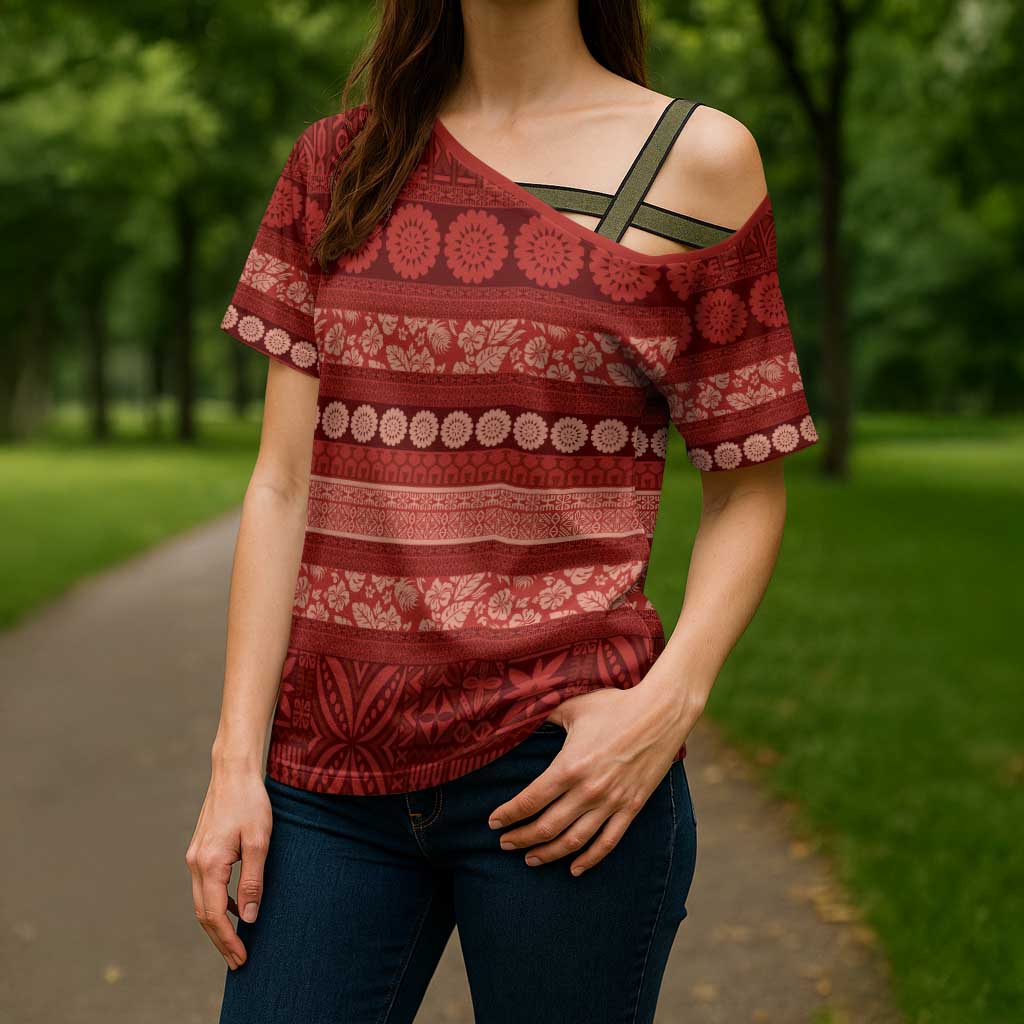 Fiji Marau na Kerisimasi Cross Shoulder Shirt Red Tapa Masi Inspired Christmas LT9 - Polynesian Pride