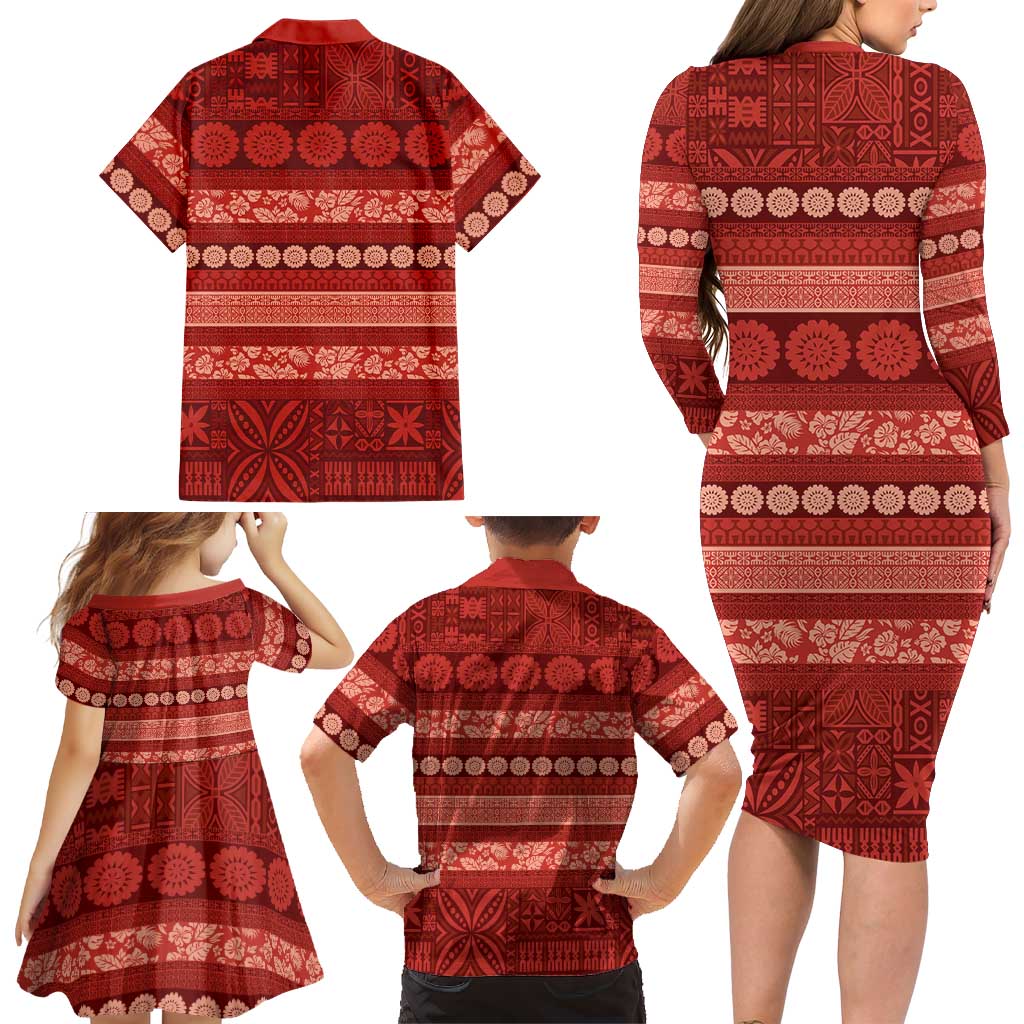 Fiji Marau na Kerisimasi Family Matching Long Sleeve Bodycon Dress and Hawaiian Shirt Red Tapa Masi Inspired Christmas LT9 - Polynesian Pride