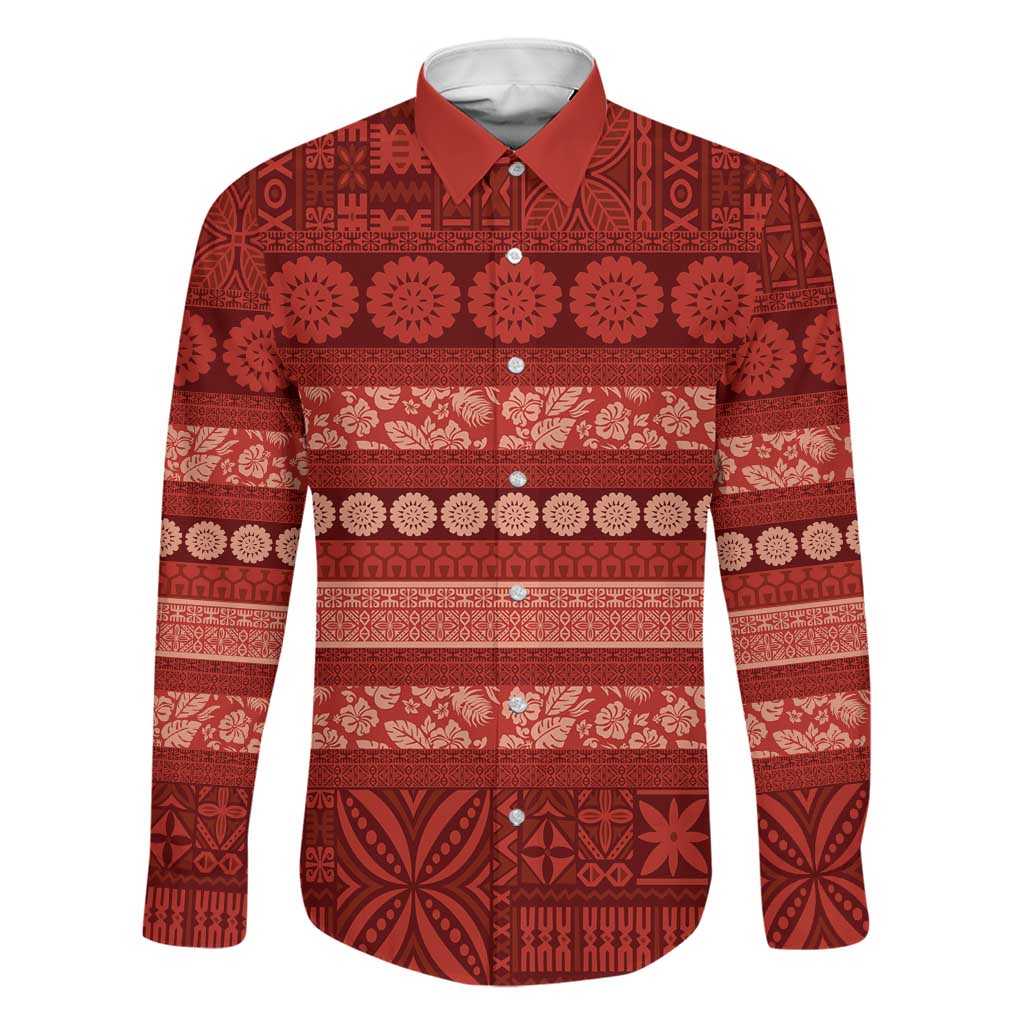 Fiji Marau na Kerisimasi Family Matching Long Sleeve Bodycon Dress and Hawaiian Shirt Red Tapa Masi Inspired Christmas LT9 Dad's Shirt - Long Sleeve Red - Polynesian Pride
