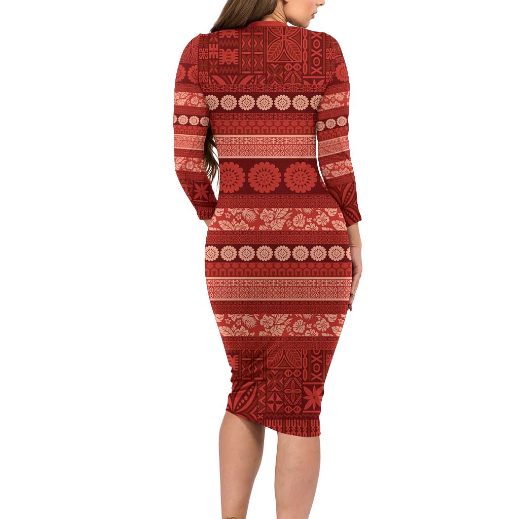 Fiji Marau na Kerisimasi Family Matching Long Sleeve Bodycon Dress and Hawaiian Shirt Red Tapa Masi Inspired Christmas LT9 - Polynesian Pride
