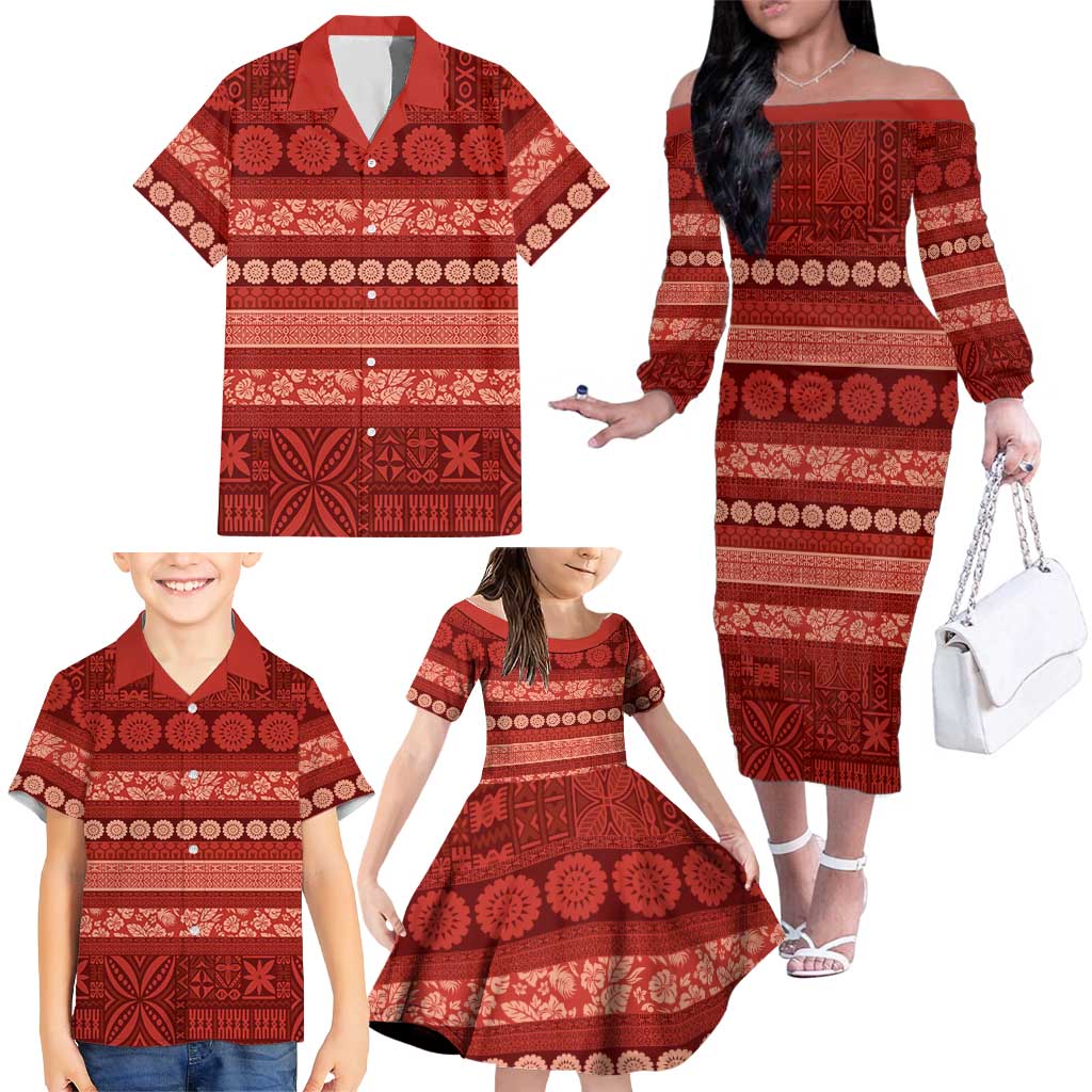 Fiji Marau na Kerisimasi Family Matching Off The Shoulder Long Sleeve Dress and Hawaiian Shirt Red Tapa Masi Inspired Christmas - Polynesian Pride