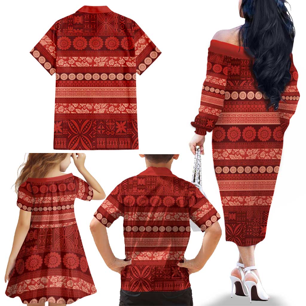 Fiji Marau na Kerisimasi Family Matching Off The Shoulder Long Sleeve Dress and Hawaiian Shirt Red Tapa Masi Inspired Christmas LT9 - Polynesian Pride