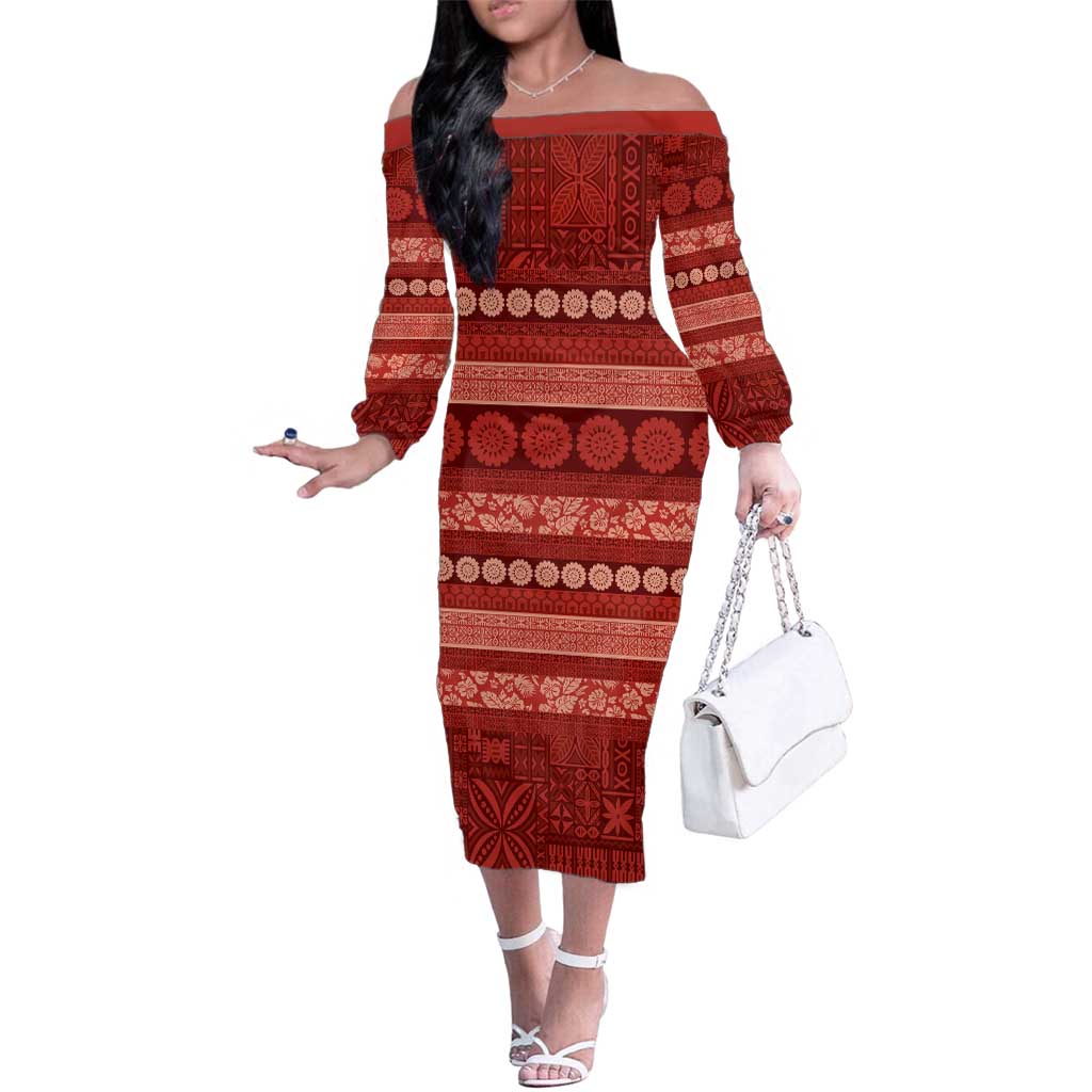 Fiji Marau na Kerisimasi Family Matching Off The Shoulder Long Sleeve Dress and Hawaiian Shirt Red Tapa Masi Inspired Christmas LT9 Mom's Dress Red - Polynesian Pride