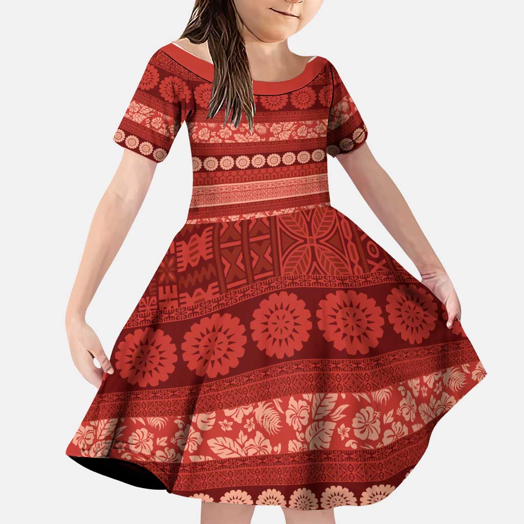 Fiji Marau na Kerisimasi Family Matching Off Shoulder Maxi Dress and Hawaiian Shirt Red Tapa Masi Inspired Christmas LT9 Daughter's Dress Red - Polynesian Pride