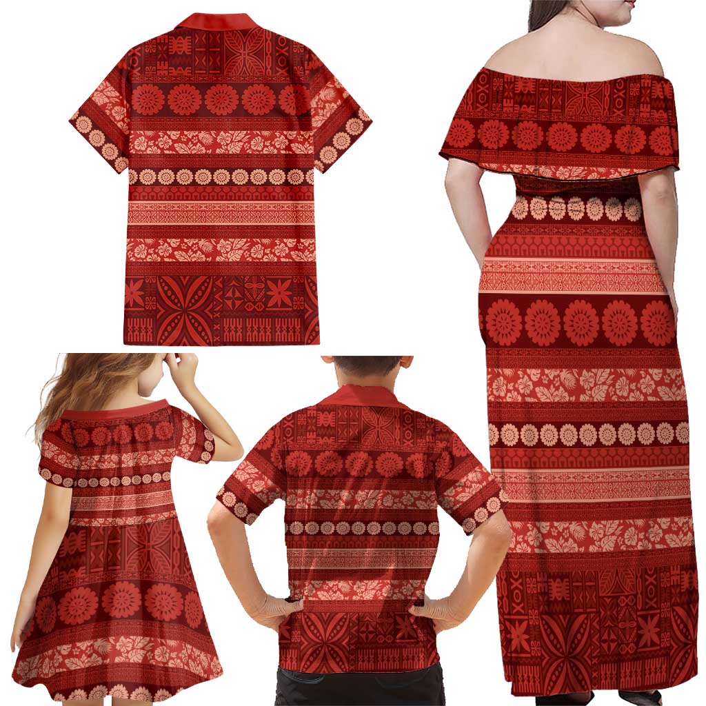 Fiji Marau na Kerisimasi Family Matching Off Shoulder Maxi Dress and Hawaiian Shirt Red Tapa Masi Inspired Christmas LT9 - Polynesian Pride