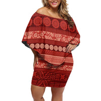 Fiji Marau na Kerisimasi Family Matching Off Shoulder Short Dress and Hawaiian Shirt Red Tapa Masi Inspired Christmas LT9 Mom's Dress Red - Polynesian Pride