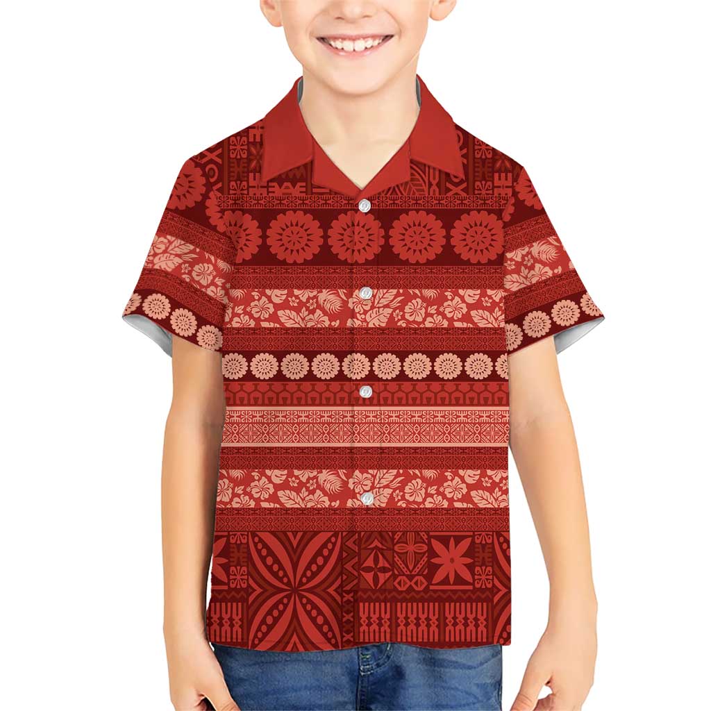Fiji Marau na Kerisimasi Family Matching Off Shoulder Short Dress and Hawaiian Shirt Red Tapa Masi Inspired Christmas LT9 Son's Shirt Red - Polynesian Pride