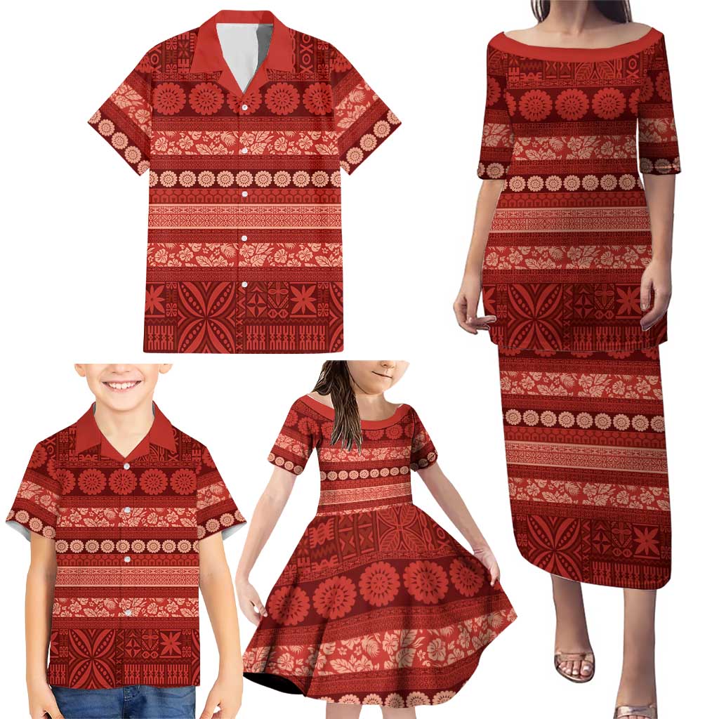 Fiji Marau na Kerisimasi Family Matching Puletasi and Hawaiian Shirt Red Tapa Masi Inspired Christmas - Polynesian Pride