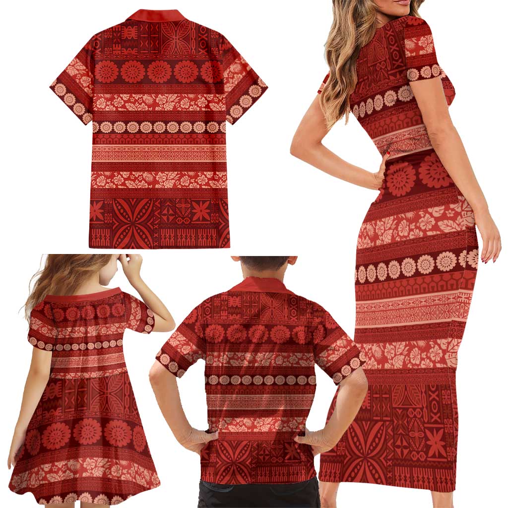 Fiji Marau na Kerisimasi Family Matching Short Sleeve Bodycon Dress and Hawaiian Shirt Red Tapa Masi Inspired Christmas LT9 - Polynesian Pride