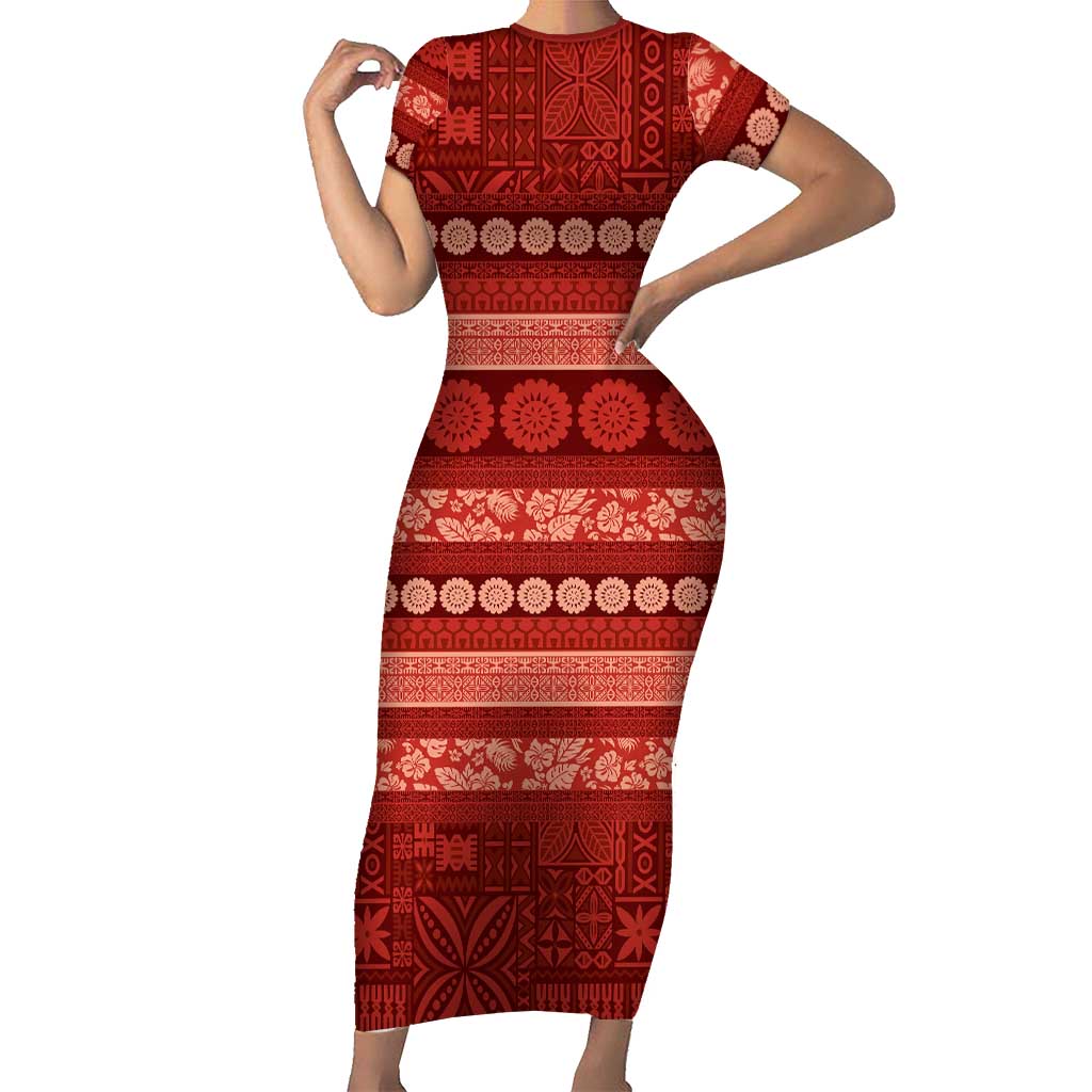 Fiji Marau na Kerisimasi Family Matching Short Sleeve Bodycon Dress and Hawaiian Shirt Red Tapa Masi Inspired Christmas LT9 Mom's Dress Red - Polynesian Pride