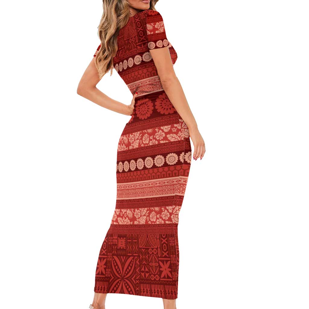 Fiji Marau na Kerisimasi Family Matching Short Sleeve Bodycon Dress and Hawaiian Shirt Red Tapa Masi Inspired Christmas LT9 - Polynesian Pride