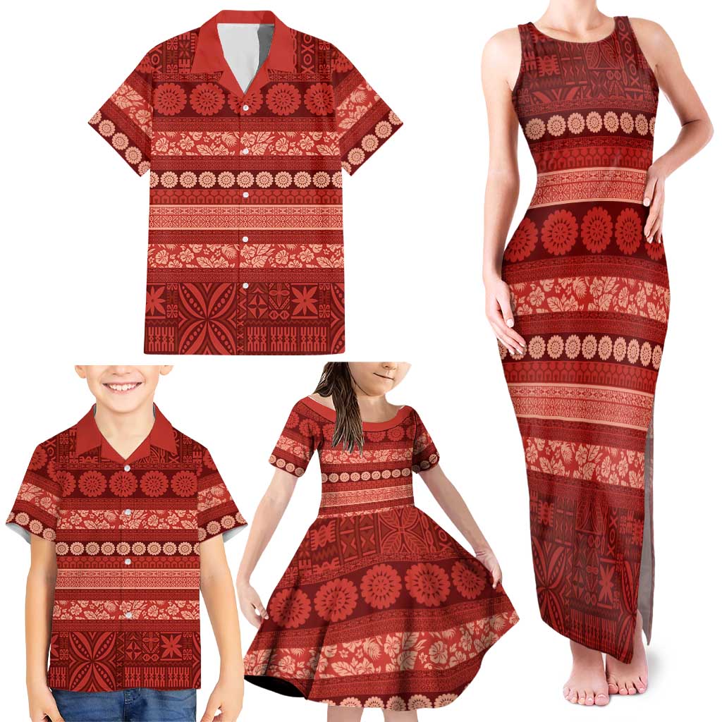 Fiji Marau na Kerisimasi Family Matching Tank Maxi Dress and Hawaiian Shirt Red Tapa Masi Inspired Christmas LT9 - Polynesian Pride