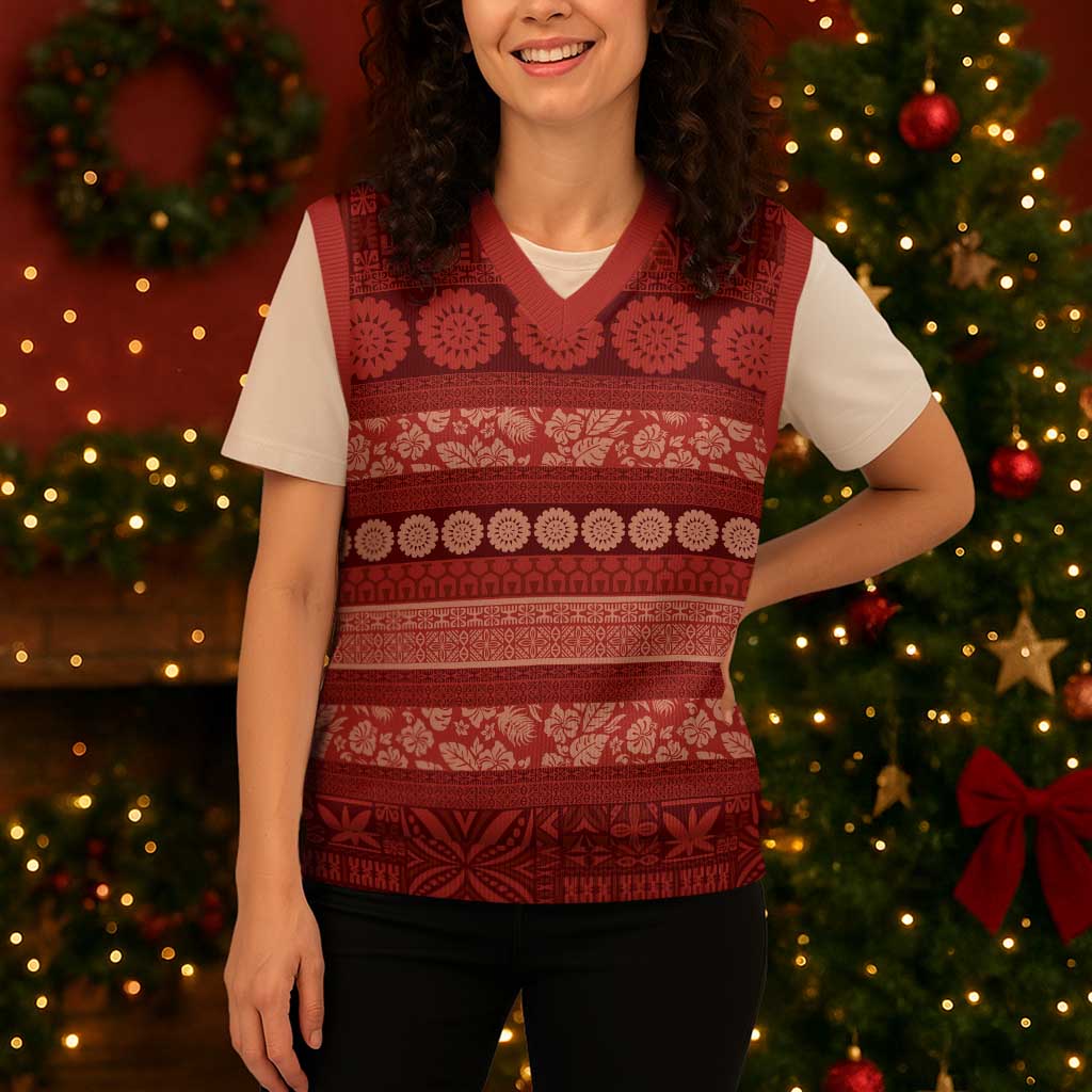 Fiji Marau na Kerisimasi Christmas Knitted V-Neck Vest Red Tapa Masi Inspired Christmas LT9 - Polynesian Pride