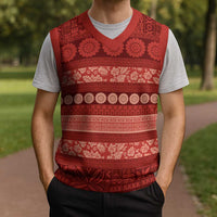Fiji Marau na Kerisimasi Christmas Knitted V-Neck Vest Red Tapa Masi Inspired Christmas LT9 - Polynesian Pride