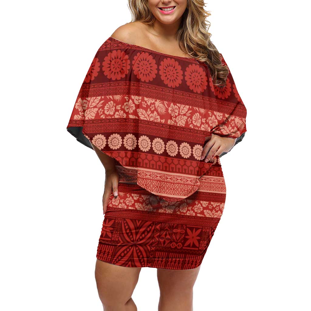 Fiji Marau na Kerisimasi Off Shoulder Short Dress Red Tapa Masi Inspired Christmas - Polynesian Pride