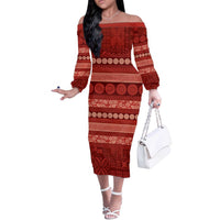 Fiji Marau na Kerisimasi Off The Shoulder Long Sleeve Dress Red Tapa Masi Inspired Christmas LT9 Women Red - Polynesian Pride