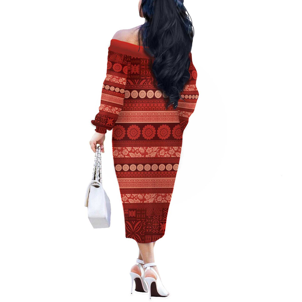 Fiji Marau na Kerisimasi Off The Shoulder Long Sleeve Dress Red Tapa Masi Inspired Christmas LT9 - Polynesian Pride