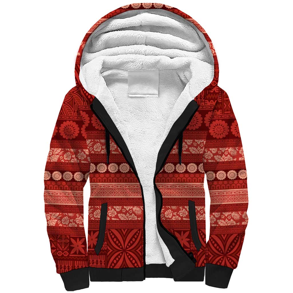 Fiji Marau na Kerisimasi Sherpa Hoodie Red Tapa Masi Inspired Christmas LT9 Unisex Red - Polynesian Pride