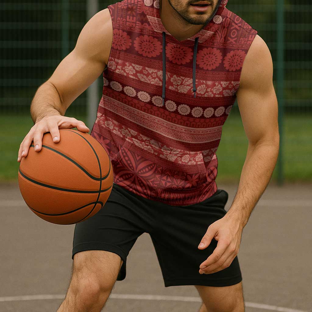 Fiji Marau na Kerisimasi Sleeveless Hoodie Red Tapa Masi Inspired Christmas LT9 - Polynesian Pride