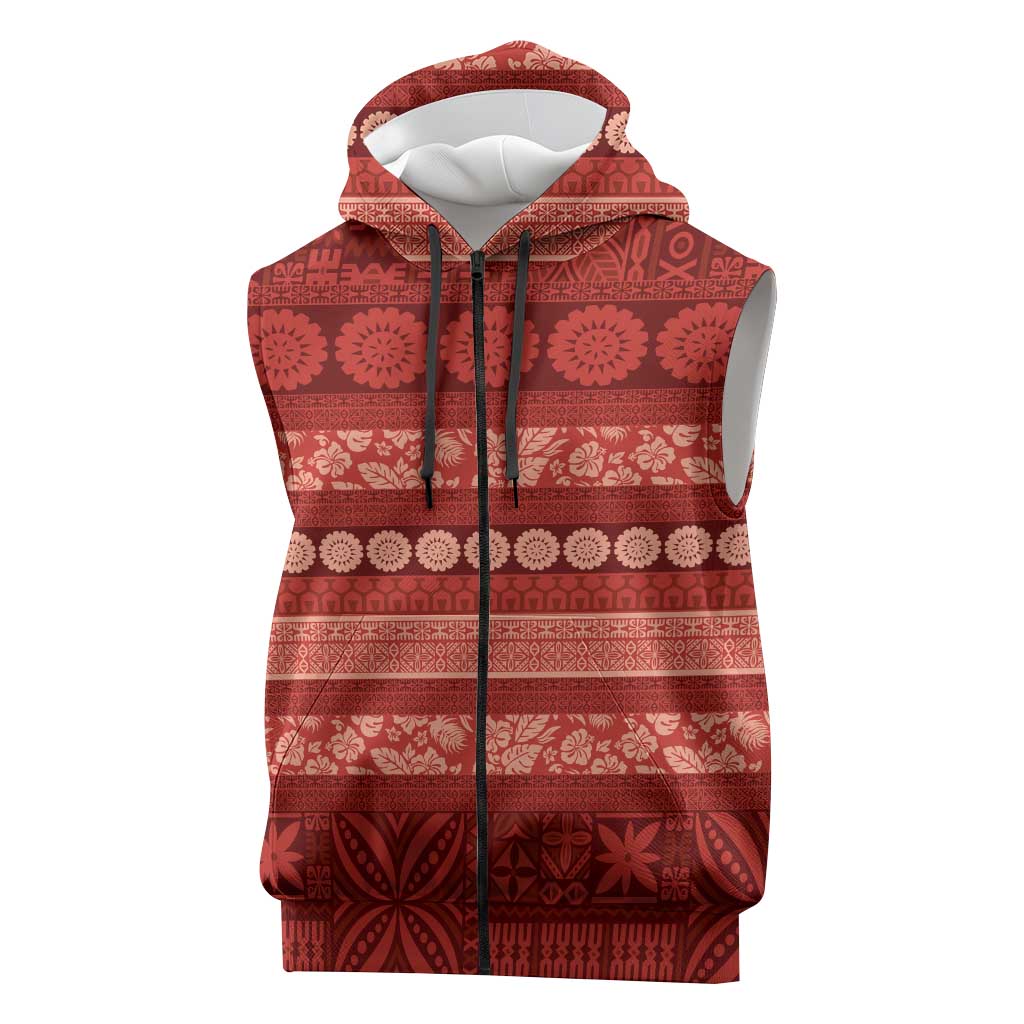 Fiji Marau na Kerisimasi Sleeveless Zip Hoodie Red Tapa Masi Inspired Christmas LT9 Red - Polynesian Pride