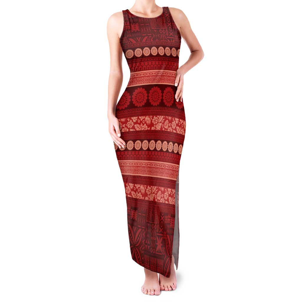Fiji Marau na Kerisimasi Tank Maxi Dress Red Tapa Masi Inspired Christmas LT9 Women Red - Polynesian Pride