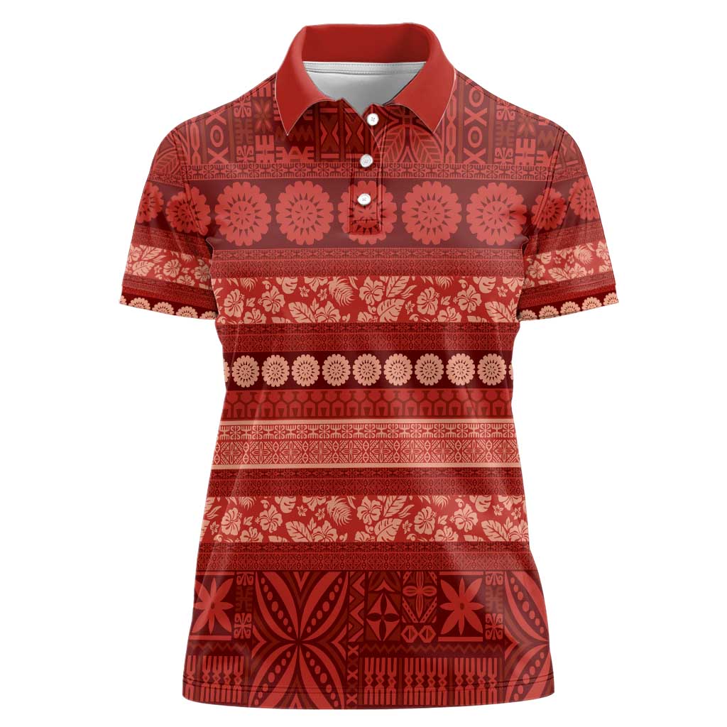 Fiji Marau na Kerisimasi Women Polo Shirt Red Tapa Masi Inspired Christmas - Polynesian Pride