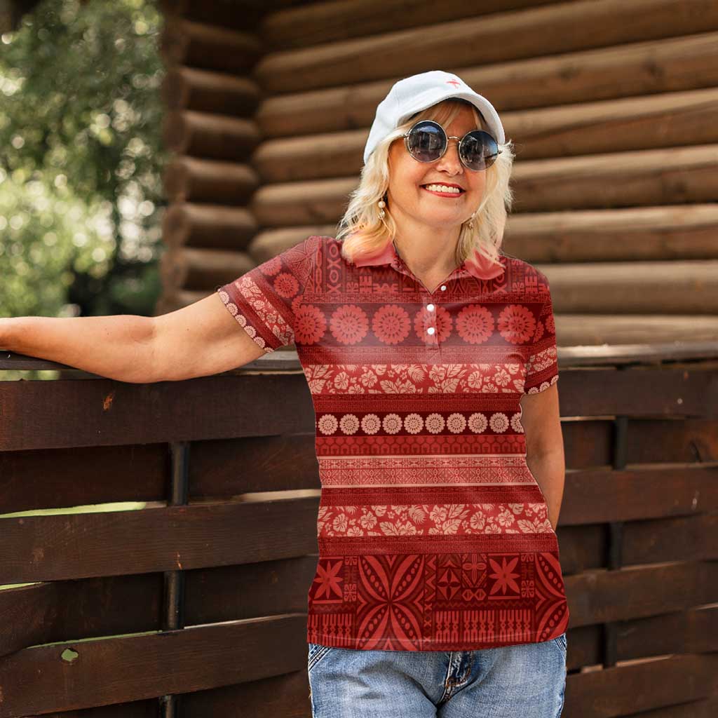 Fiji Marau na Kerisimasi Women Polo Shirt Red Tapa Masi Inspired Christmas - Polynesian Pride