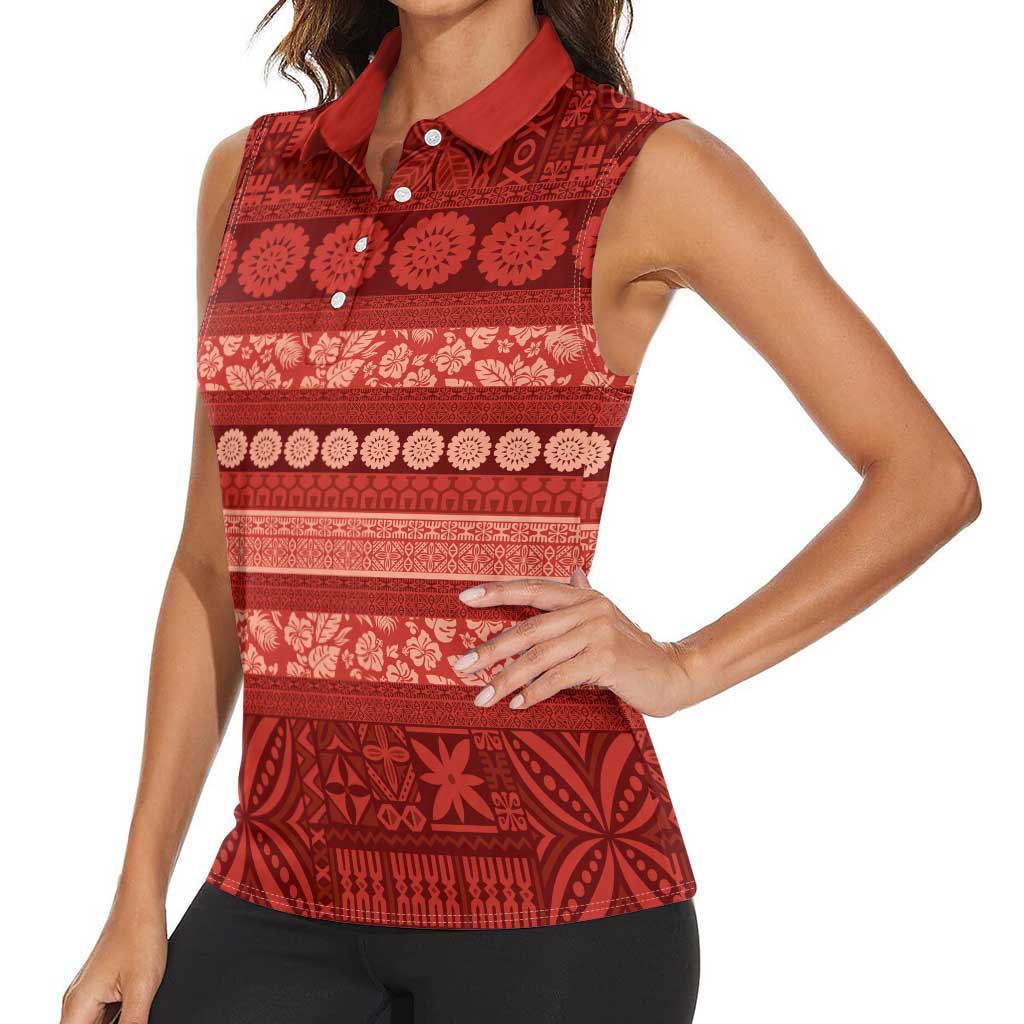 Fiji Marau na Kerisimasi Women Sleeveless Polo Shirt Red Tapa Masi Inspired Christmas LT9 - Polynesian Pride