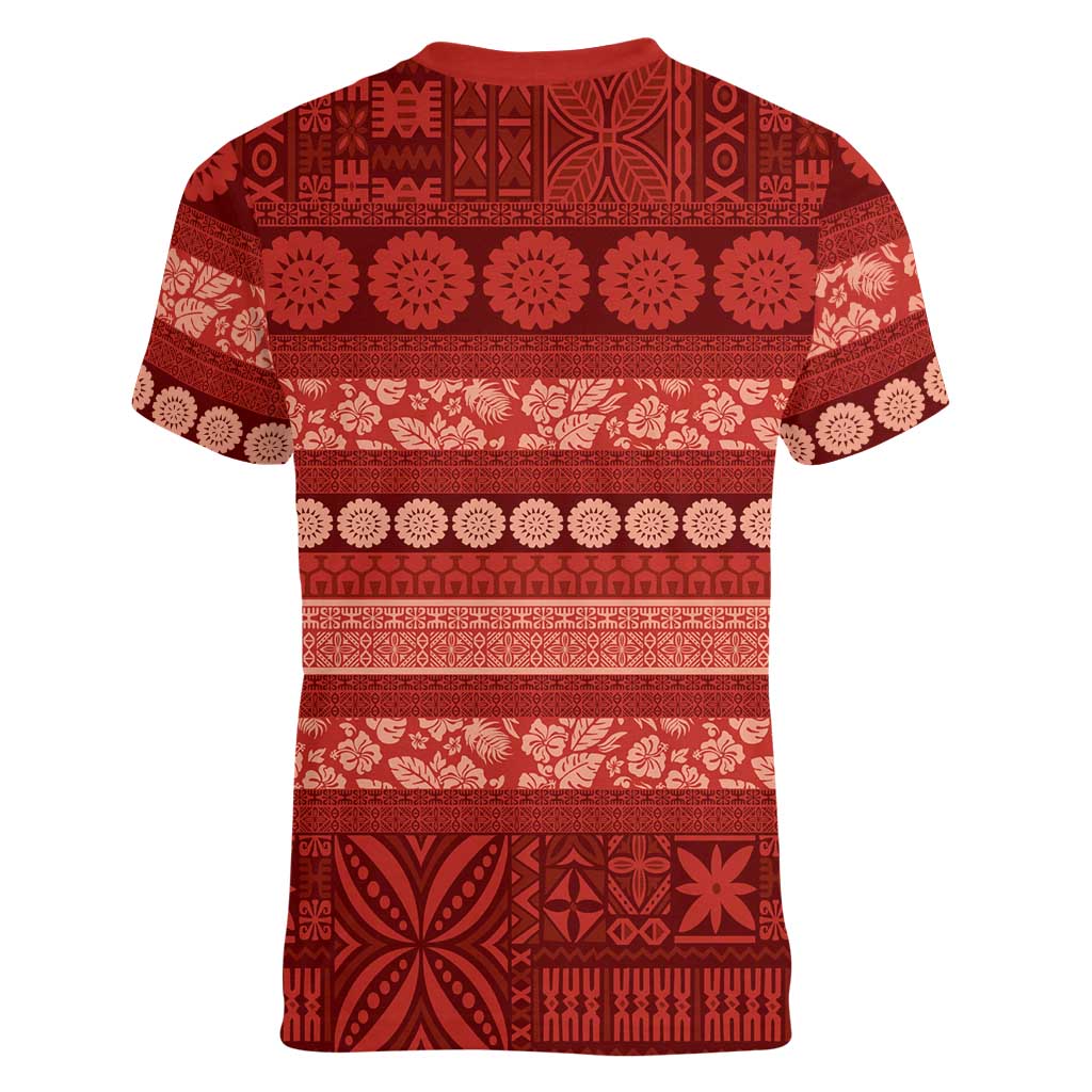 Fiji Marau na Kerisimasi Women V-Neck T-Shirt Red Tapa Masi Inspired Christmas LT9 - Polynesian Pride