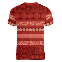 Fiji Marau na Kerisimasi Women V-Neck T-Shirt Red Tapa Masi Inspired Christmas LT9 - Polynesian Pride