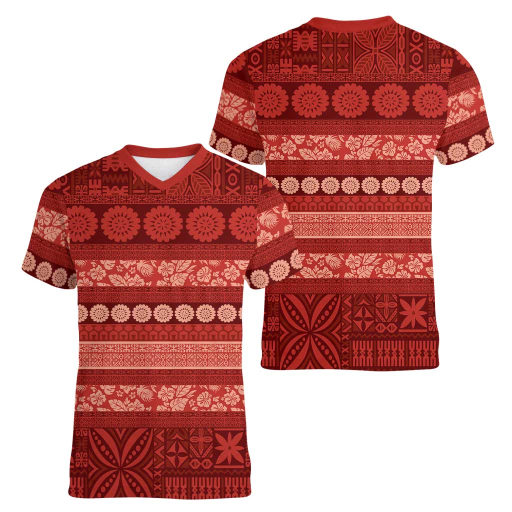 Fiji Marau na Kerisimasi Women V-Neck T-Shirt Red Tapa Masi Inspired Christmas LT9 - Polynesian Pride