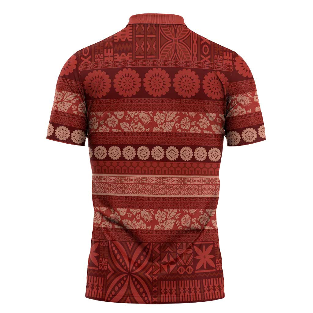 Fiji Marau na Kerisimasi Zipper Polo Shirt Red Tapa Masi Inspired Christmas LT9 - Polynesian Pride
