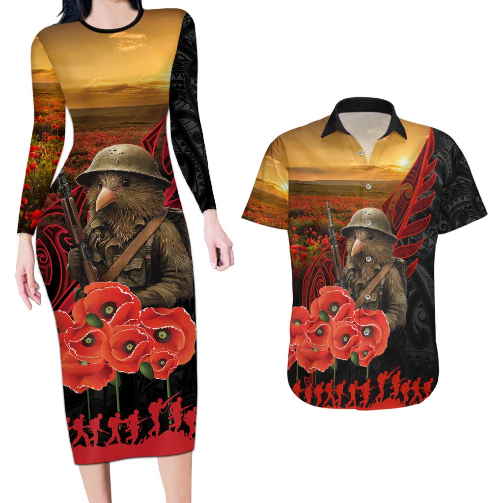 Maori Kiwi Soldier Fern Tattoo ANZAC Day Couples Matching Long Sleeve Bodycon Dress and Hawaiian Shirt Lest We Forget LT9 Black - Polynesian Pride