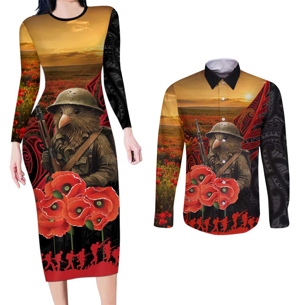 Maori Kiwi Soldier Fern Tattoo ANZAC Day Couples Matching Long Sleeve Bodycon Dress and Long Sleeve Button Shirt Lest We Forget LT9 Black - Polynesian Pride