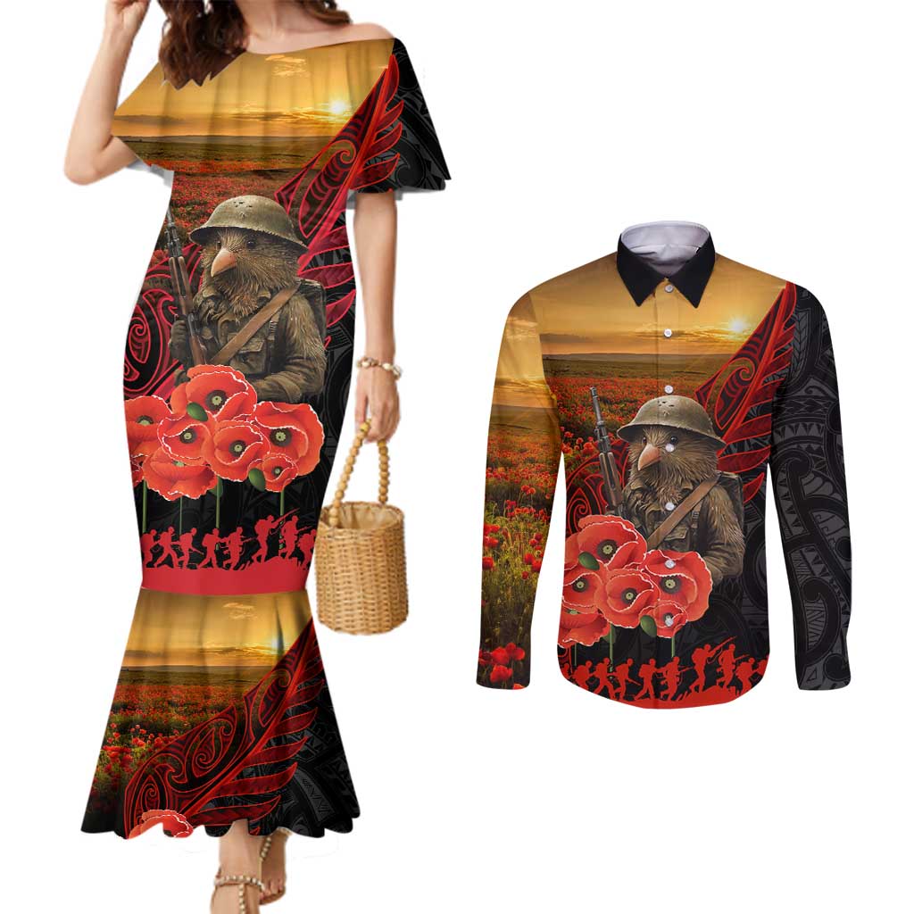 Maori Kiwi Soldier Fern Tattoo ANZAC Day Couples Matching Mermaid Dress and Long Sleeve Button Shirt Lest We Forget LT9 Black - Polynesian Pride