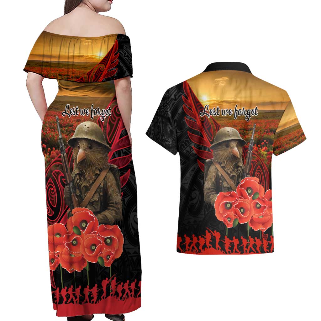 Maori Kiwi Soldier Fern Tattoo ANZAC Day Couples Matching Off Shoulder Maxi Dress and Hawaiian Shirt Lest We Forget LT9 - Polynesian Pride