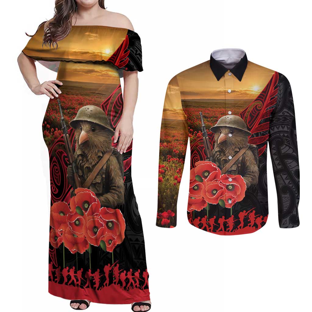 Maori Kiwi Soldier Fern Tattoo ANZAC Day Couples Matching Off Shoulder Maxi Dress and Long Sleeve Button Shirt Lest We Forget LT9 Black - Polynesian Pride