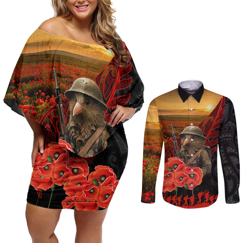 Maori Kiwi Soldier Fern Tattoo ANZAC Day Couples Matching Off Shoulder Short Dress and Long Sleeve Button Shirt Lest We Forget LT9 Black - Polynesian Pride