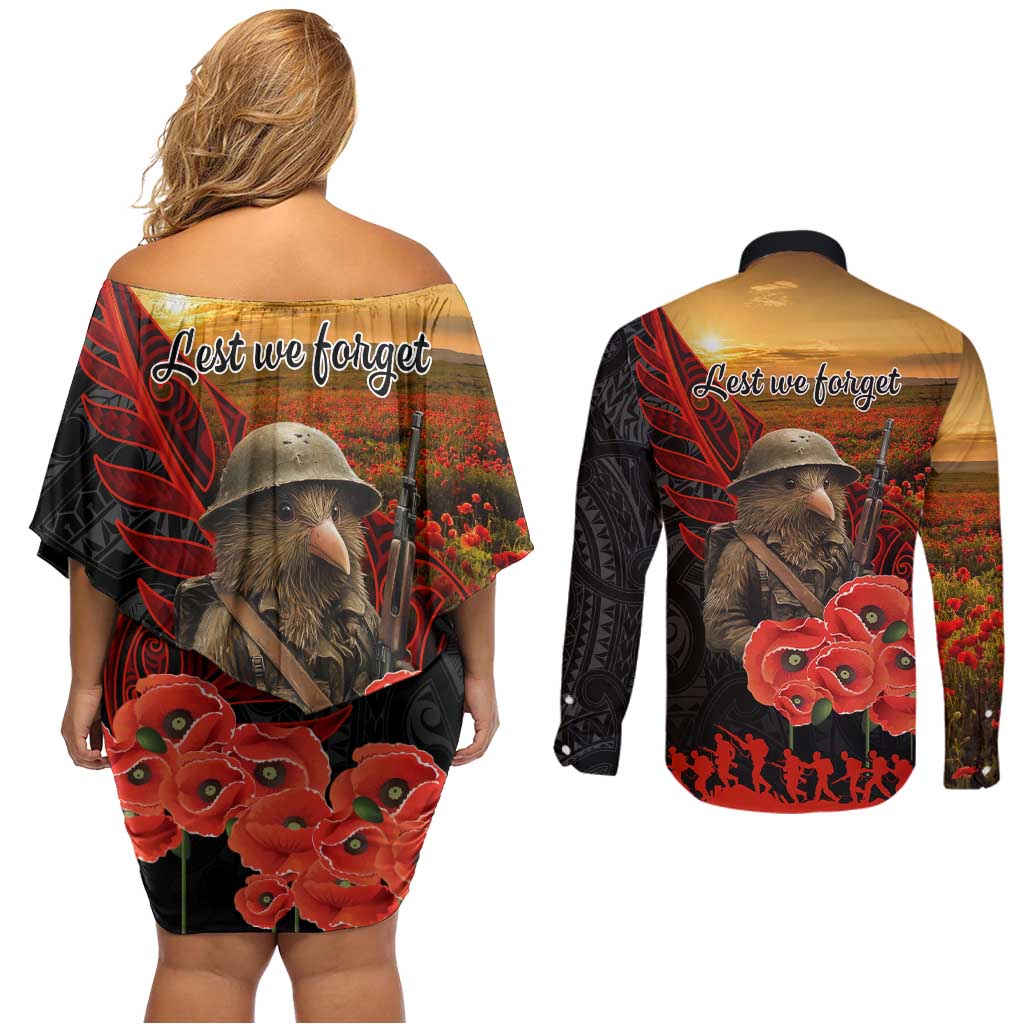 Maori Kiwi Soldier Fern Tattoo ANZAC Day Couples Matching Off Shoulder Short Dress and Long Sleeve Button Shirt Lest We Forget LT9 - Polynesian Pride