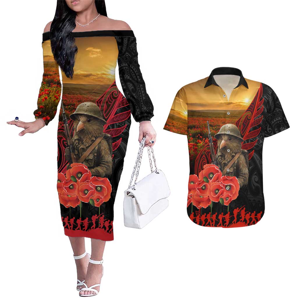 Maori Kiwi Soldier Fern Tattoo ANZAC Day Couples Matching Off The Shoulder Long Sleeve Dress and Hawaiian Shirt Lest We Forget LT9 Black - Polynesian Pride