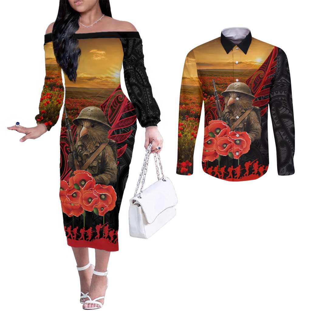 Maori Kiwi Soldier Fern Tattoo ANZAC Day Couples Matching Off The Shoulder Long Sleeve Dress and Long Sleeve Button Shirt Lest We Forget LT9 Black - Polynesian Pride