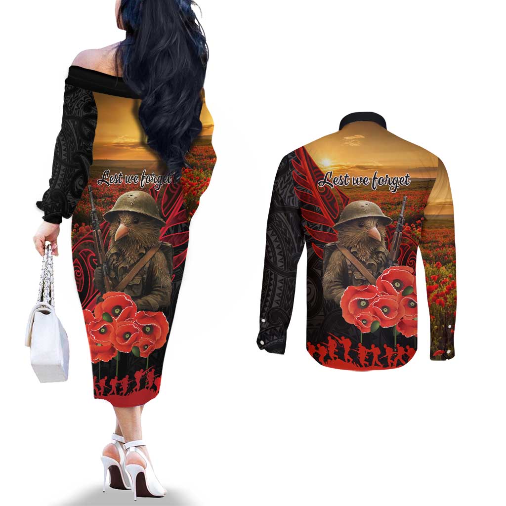 Maori Kiwi Soldier Fern Tattoo ANZAC Day Couples Matching Off The Shoulder Long Sleeve Dress and Long Sleeve Button Shirt Lest We Forget LT9 - Polynesian Pride