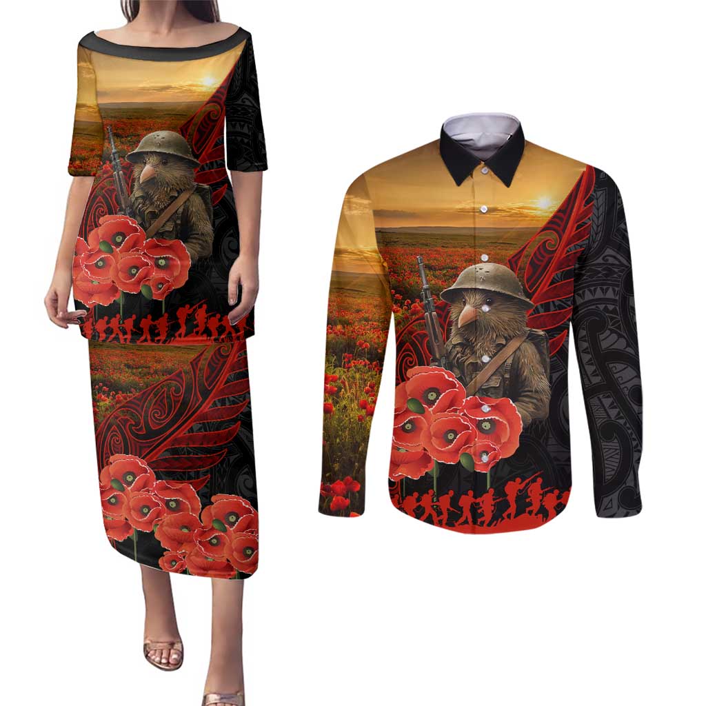 Maori Kiwi Soldier Fern Tattoo ANZAC Day Couples Matching Puletasi and Long Sleeve Button Shirt Lest We Forget LT9 Black - Polynesian Pride