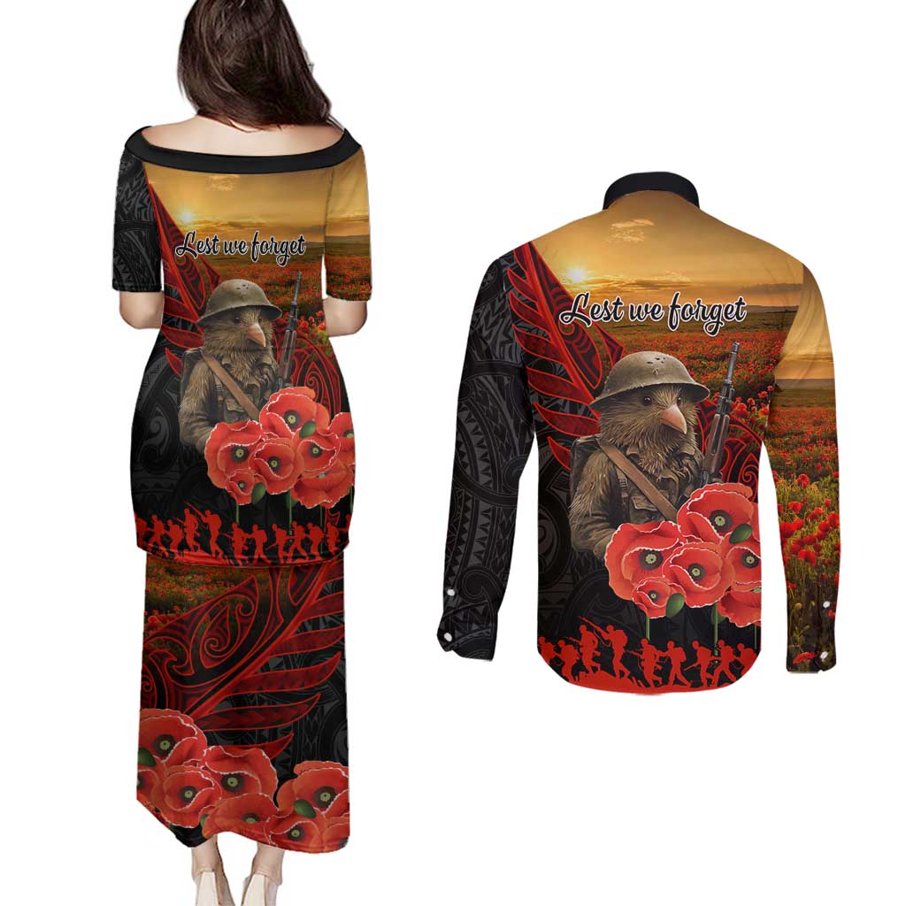 Maori Kiwi Soldier Fern Tattoo ANZAC Day Couples Matching Puletasi and Long Sleeve Button Shirt Lest We Forget LT9 - Polynesian Pride