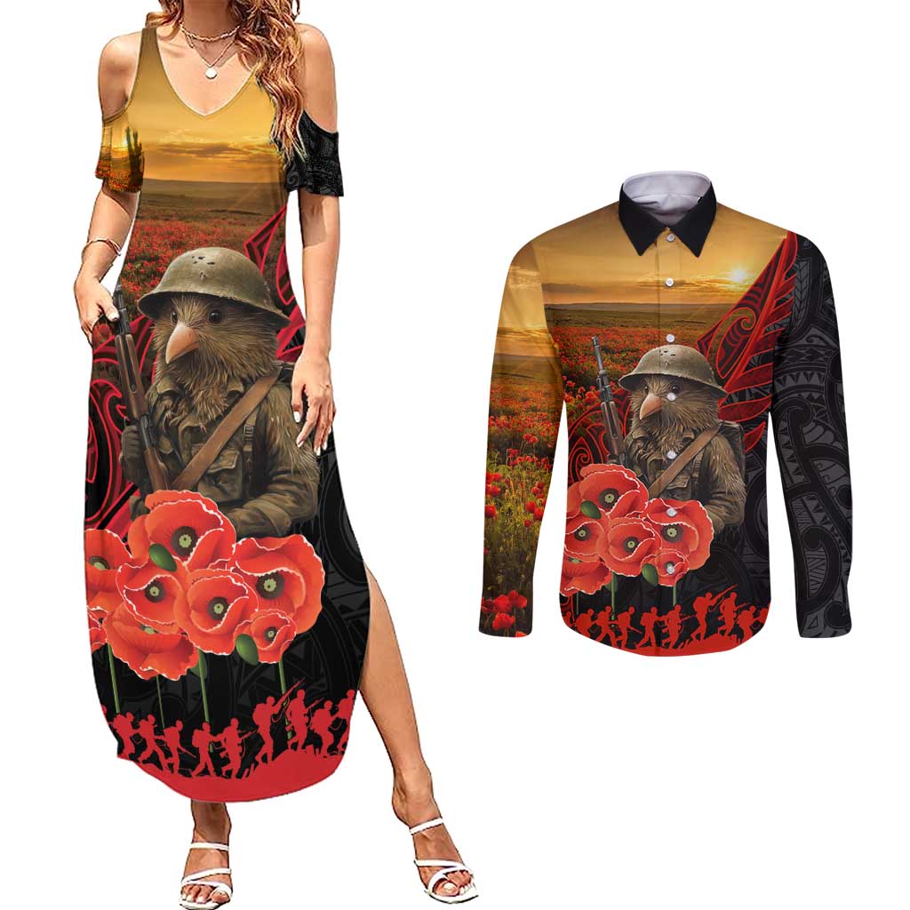Maori Kiwi Soldier Fern Tattoo ANZAC Day Couples Matching Summer Maxi Dress and Long Sleeve Button Shirt Lest We Forget LT9 Black - Polynesian Pride