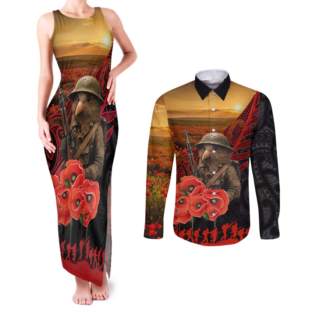 Maori Kiwi Soldier Fern Tattoo ANZAC Day Couples Matching Tank Maxi Dress and Long Sleeve Button Shirt Lest We Forget LT9 Black - Polynesian Pride