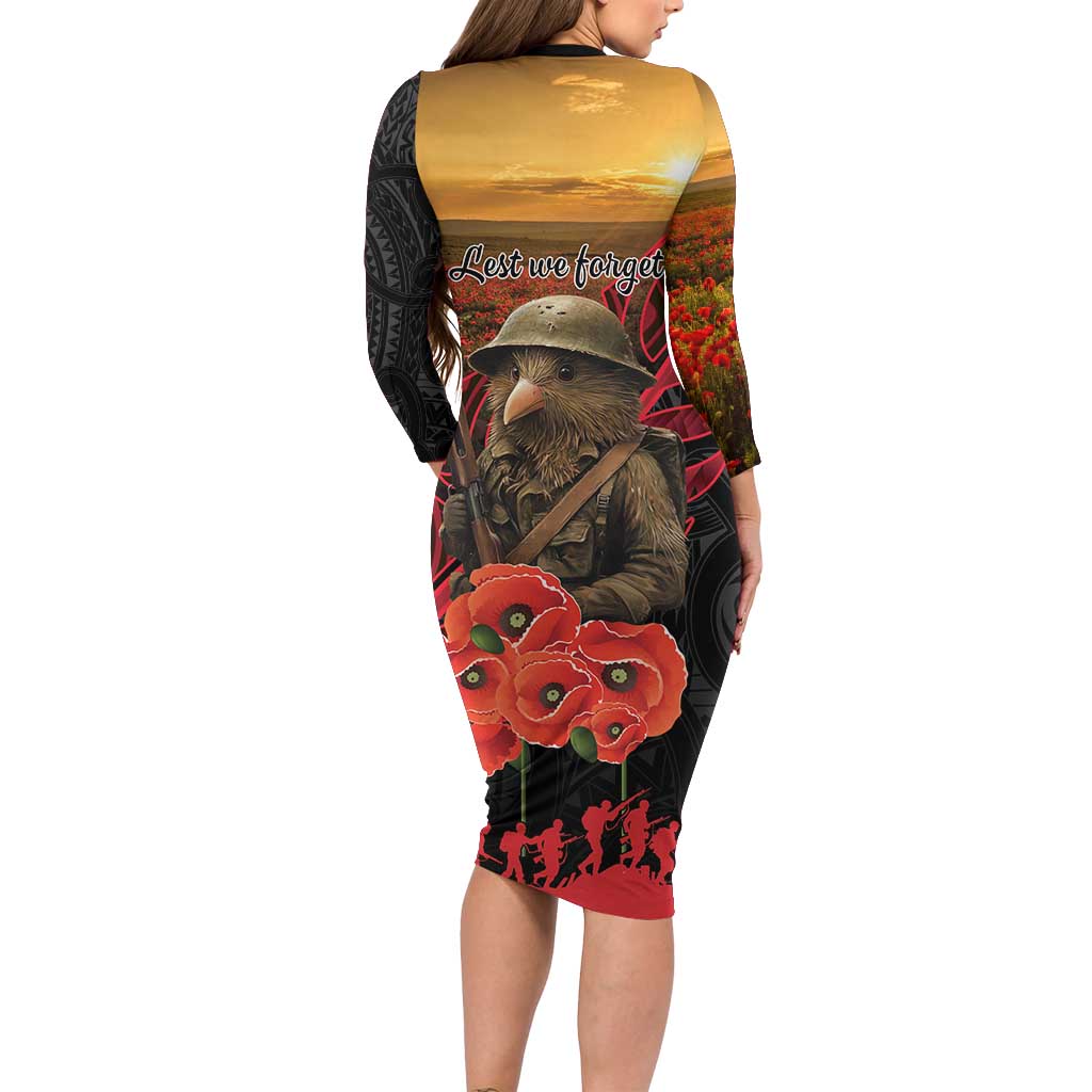 Maori Kiwi Soldier Fern Tattoo ANZAC Day Family Matching Long Sleeve Bodycon Dress and Hawaiian Shirt Lest We Forget LT9 - Polynesian Pride