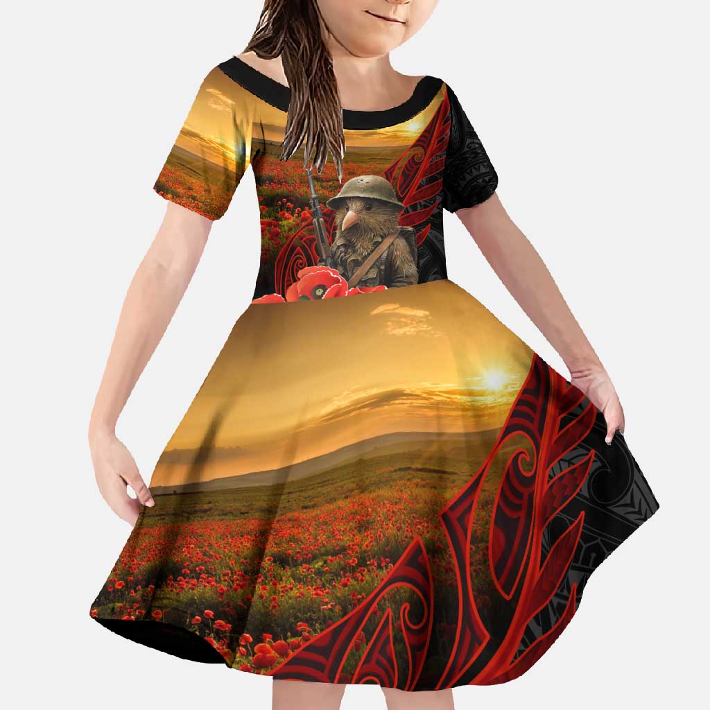 Maori Kiwi Soldier Fern Tattoo ANZAC Day Family Matching Mermaid Dress and Hawaiian Shirt Lest We Forget LT9 Daughter's Dress Black - Polynesian Pride