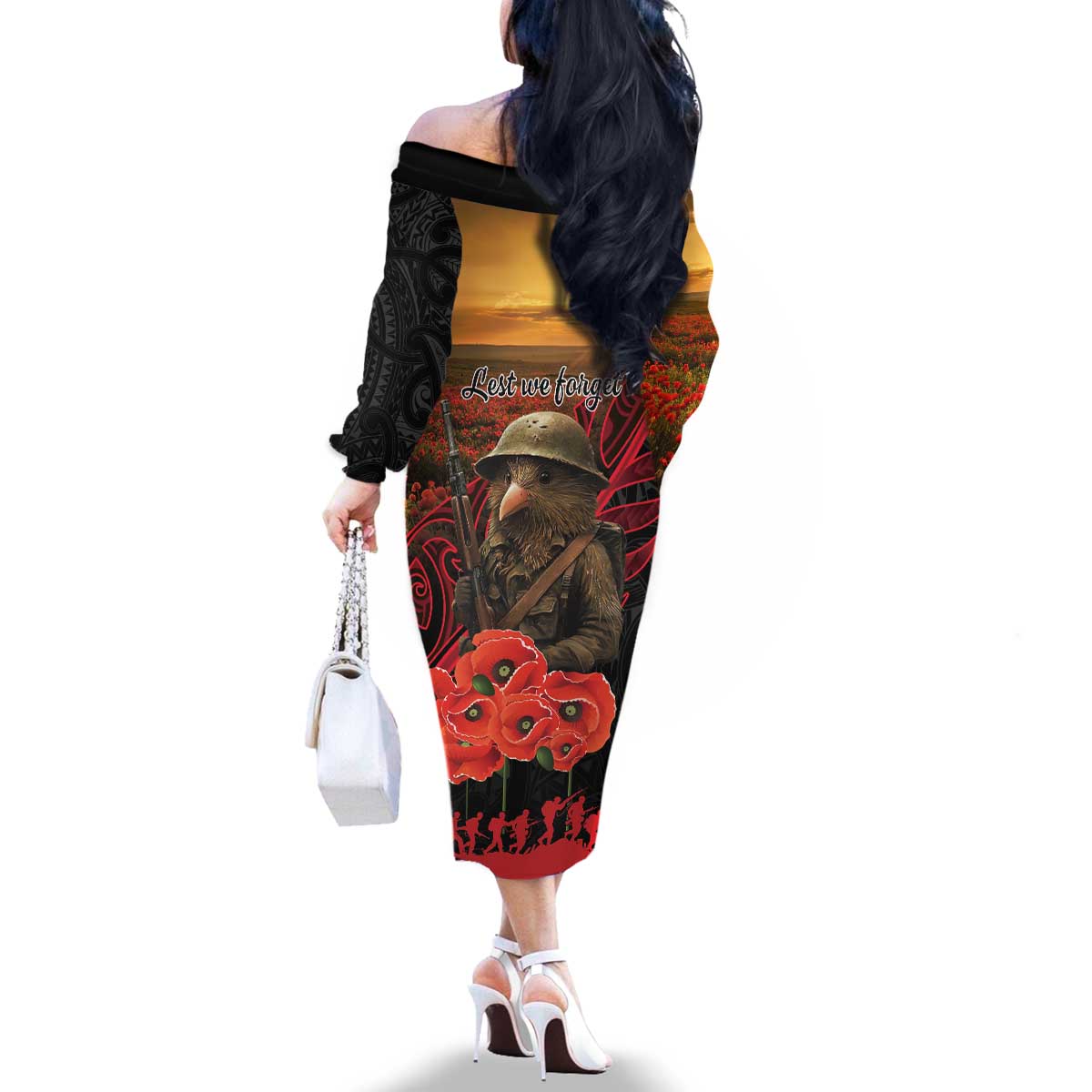 Maori Kiwi Soldier Fern Tattoo ANZAC Day Family Matching Off The Shoulder Long Sleeve Dress and Hawaiian Shirt Lest We Forget LT9 - Polynesian Pride